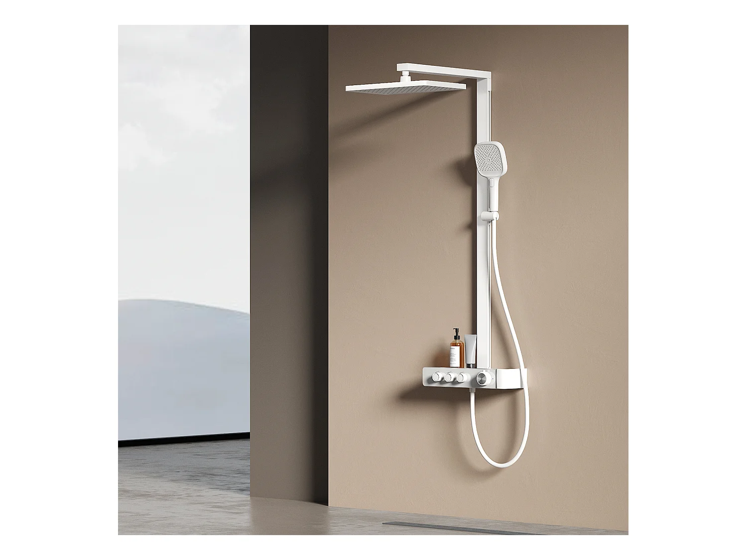 EMKE Thermostatische douchestang – Mat wit, innovatieve doorstroomregeling, regendouche-effect 36x24 cm, handdouche met 3 jets