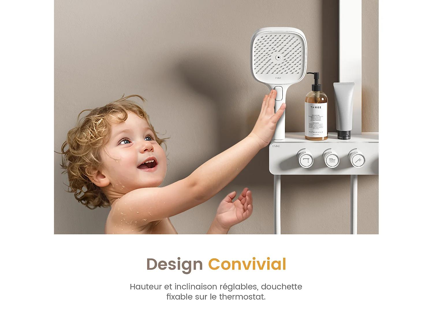 EMKE Colonne de douche Thermostat – Blanc Mat, Régulation innovante du débit, douche à effet pluie de 36x24 cm, douchette à main avec 3 jets