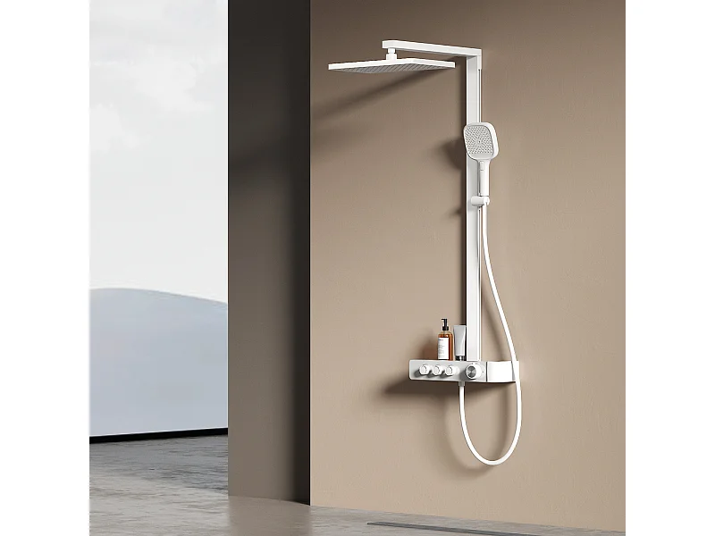 EMKE Thermostatische douchestang – Mat wit, innovatieve doorstroomregeling, regendouche-effect 36x24 cm, handdouche met 3 jets