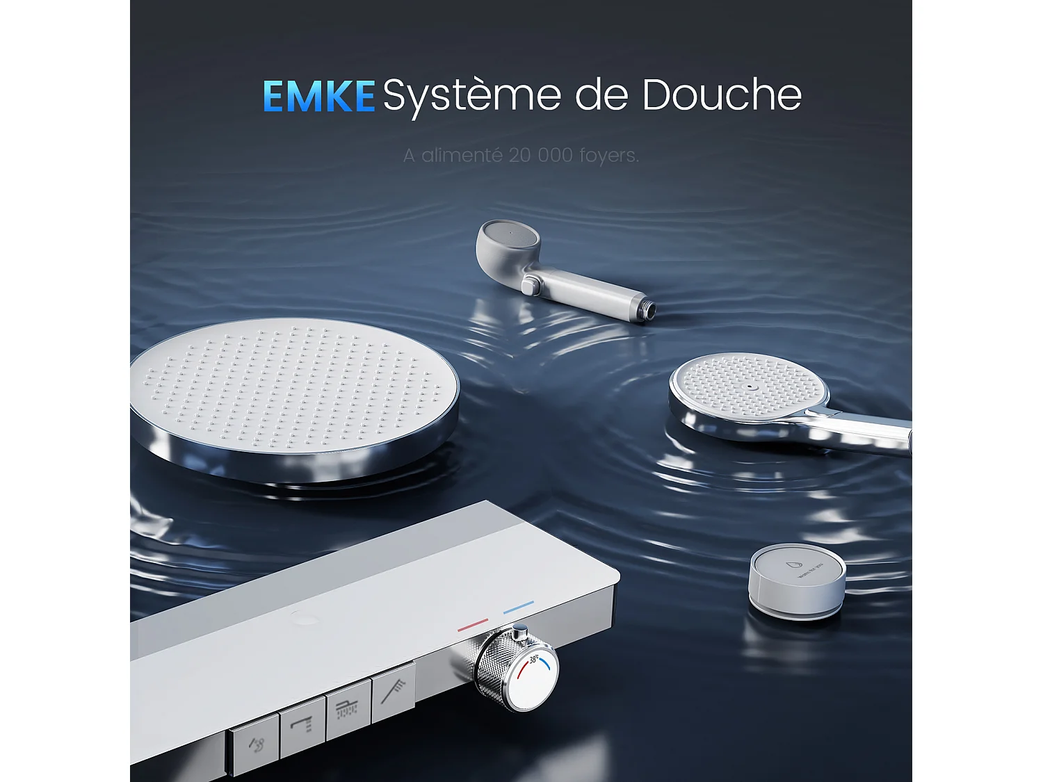 EMKE Colonne de douche avec thermostat 38℃ Douche pluie 40 cm étagère en verre avec 3+1 douchette parent-enfant+porte-douche - chromé