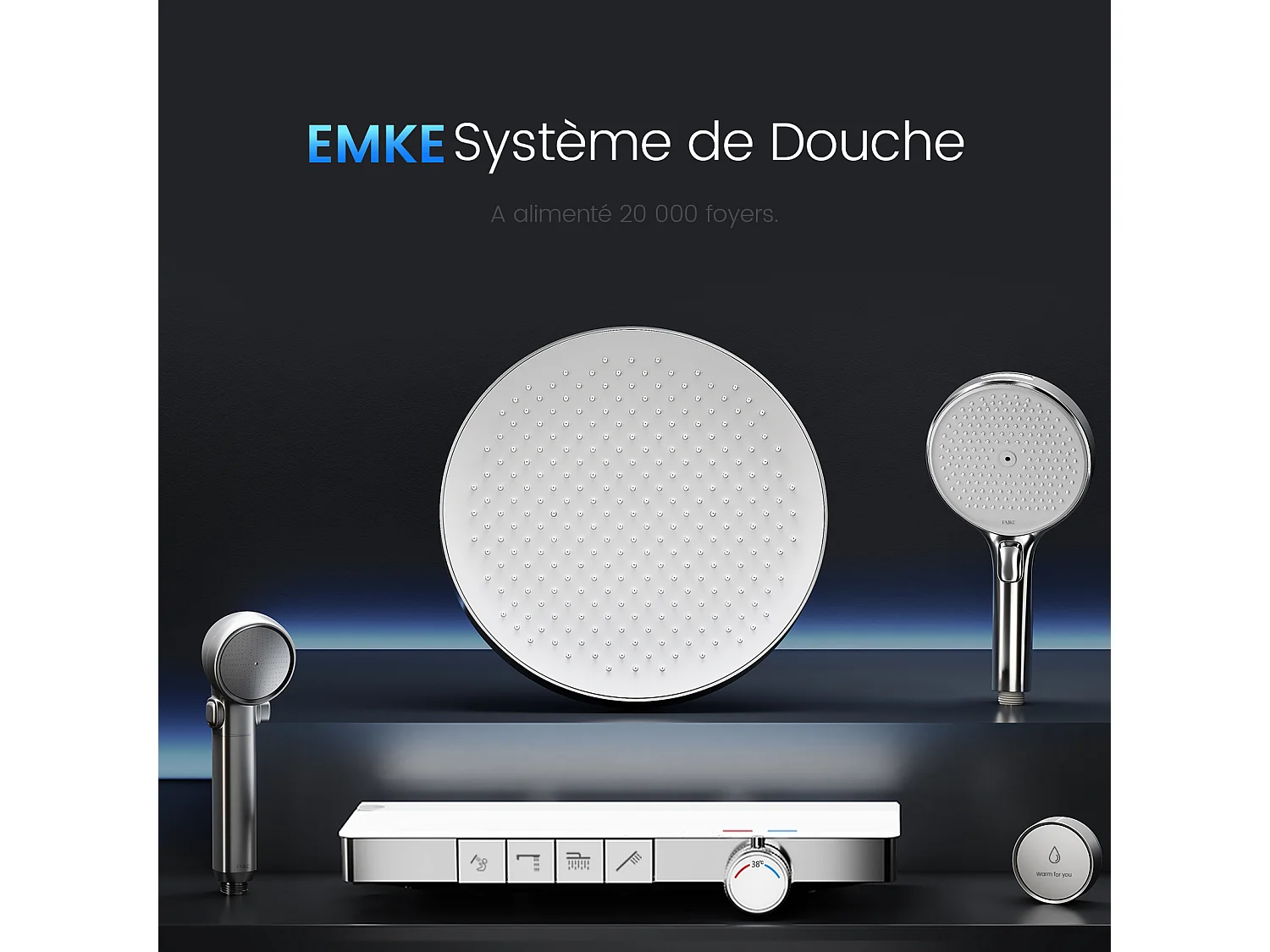 EMKE Colonne de douche avec thermostat 38℃ Douche pluie 40 cm étagère en verre avec 3+1 douchette parent-enfant+porte-douche - chromé