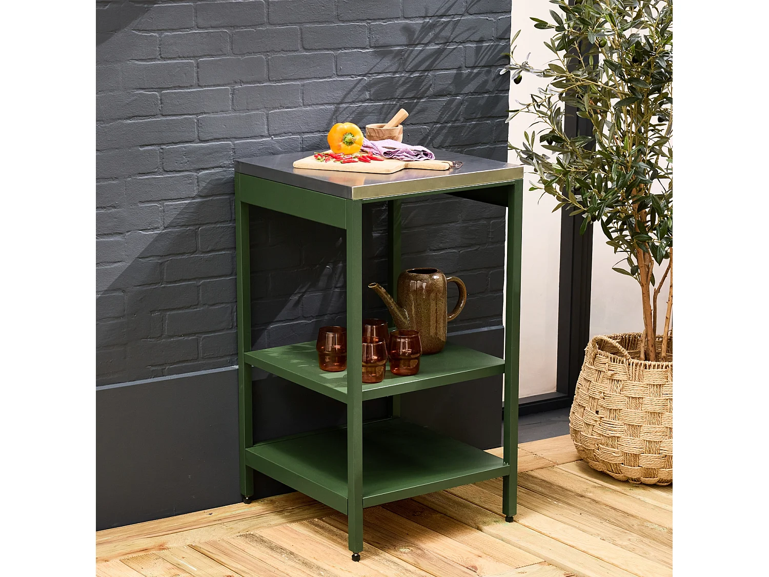 Cocina de exterior de acero con 2 estantes, 49cm verde
