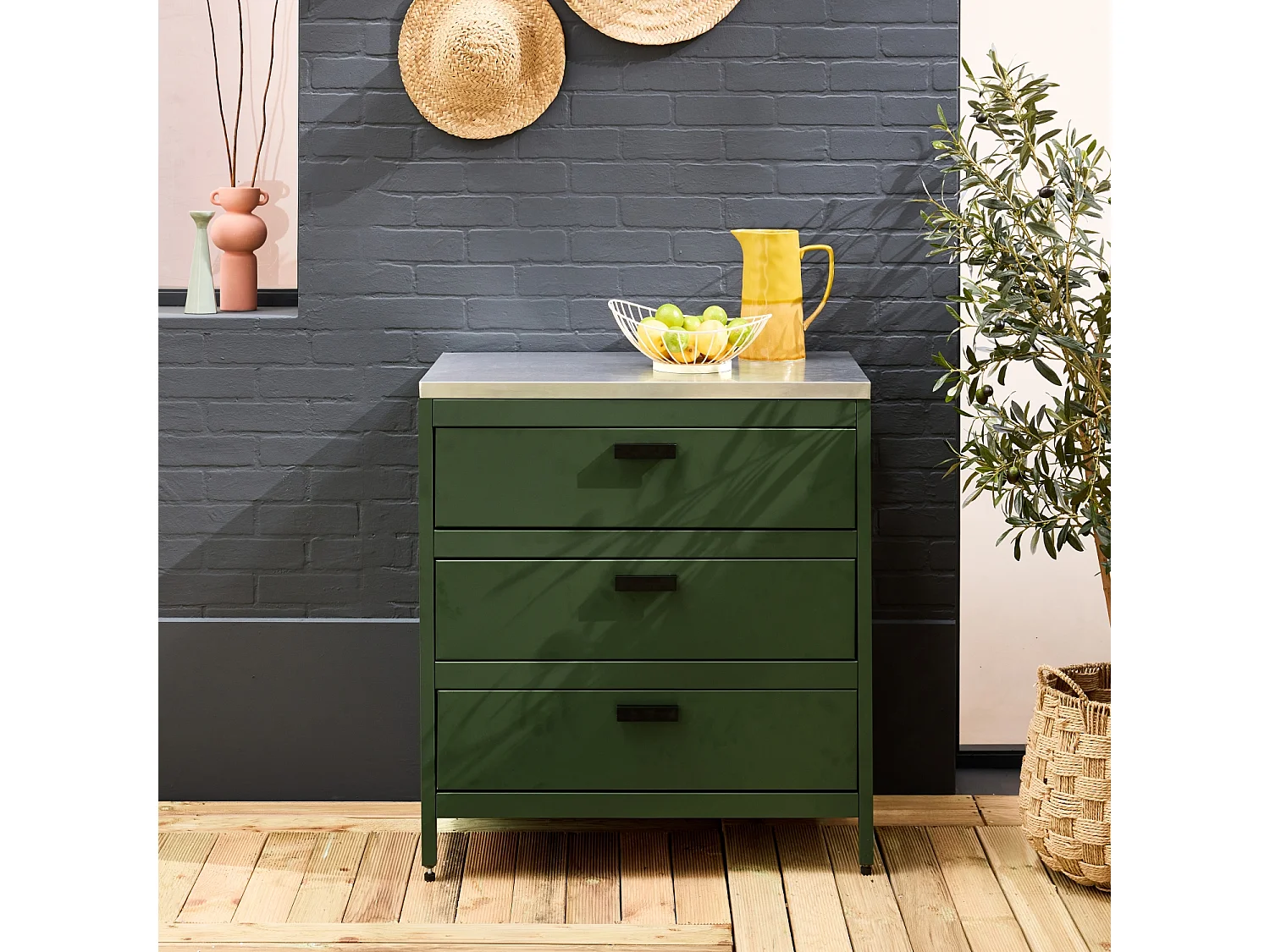 Mobile da esterno in acciaio con 3 cassetti, 80cm, verde