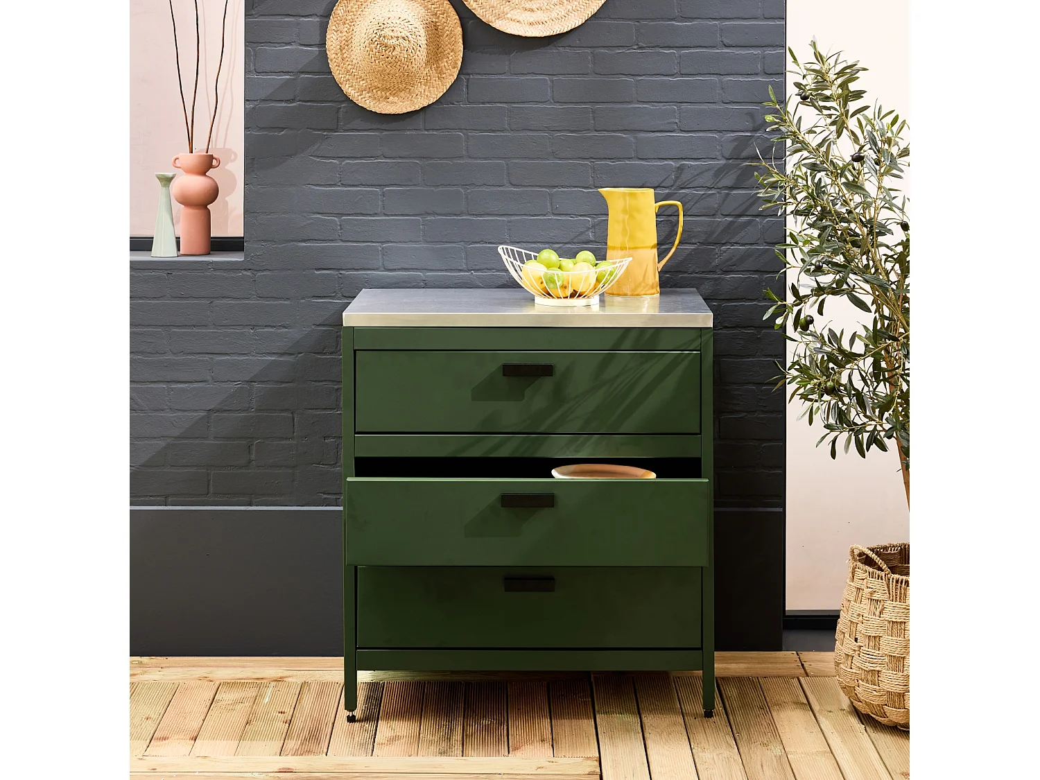 Mobile da esterno in acciaio con 3 cassetti, 80cm, verde