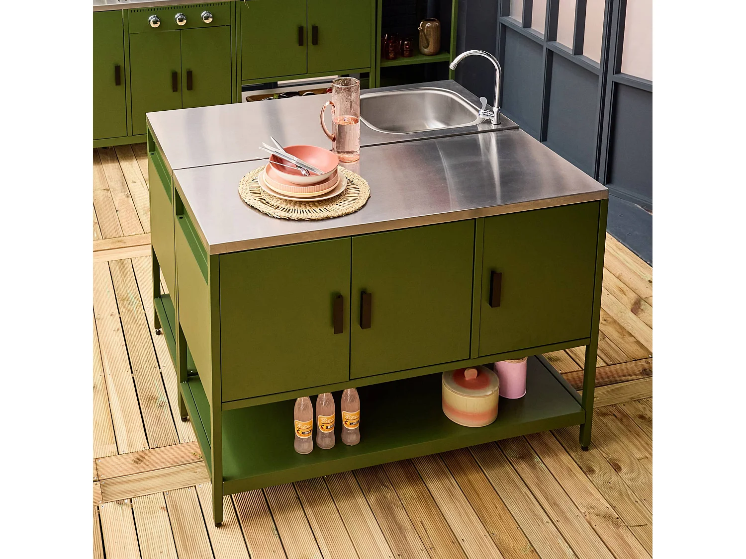 Cocina exterior 2 módulos acero inoxidable verde