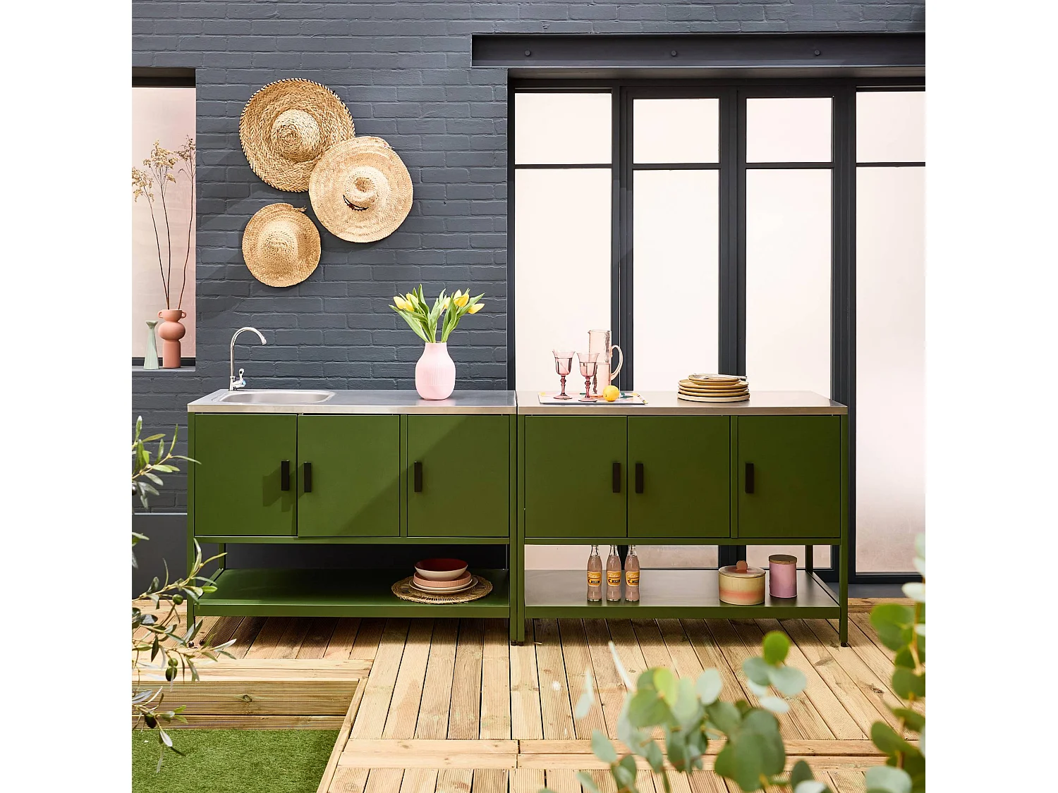 Cocina exterior 2 módulos acero inoxidable verde