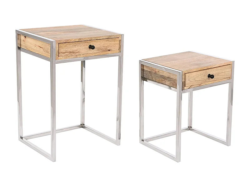 Set de 2 tables d'appoints en bois de manguier coloris naturel et métal argenté