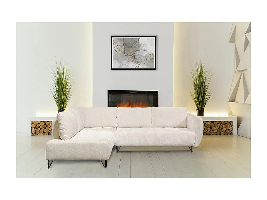 Canapé convertible angle gauche L. 265 cm tissu côtelé écru - SAMUEL