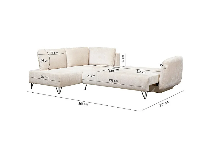 Canapé convertible angle gauche L. 265 cm tissu côtelé écru - SAMUEL