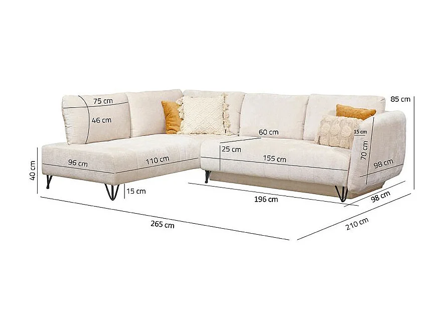 Canapé convertible angle gauche L. 265 cm tissu côtelé écru - SAMUEL