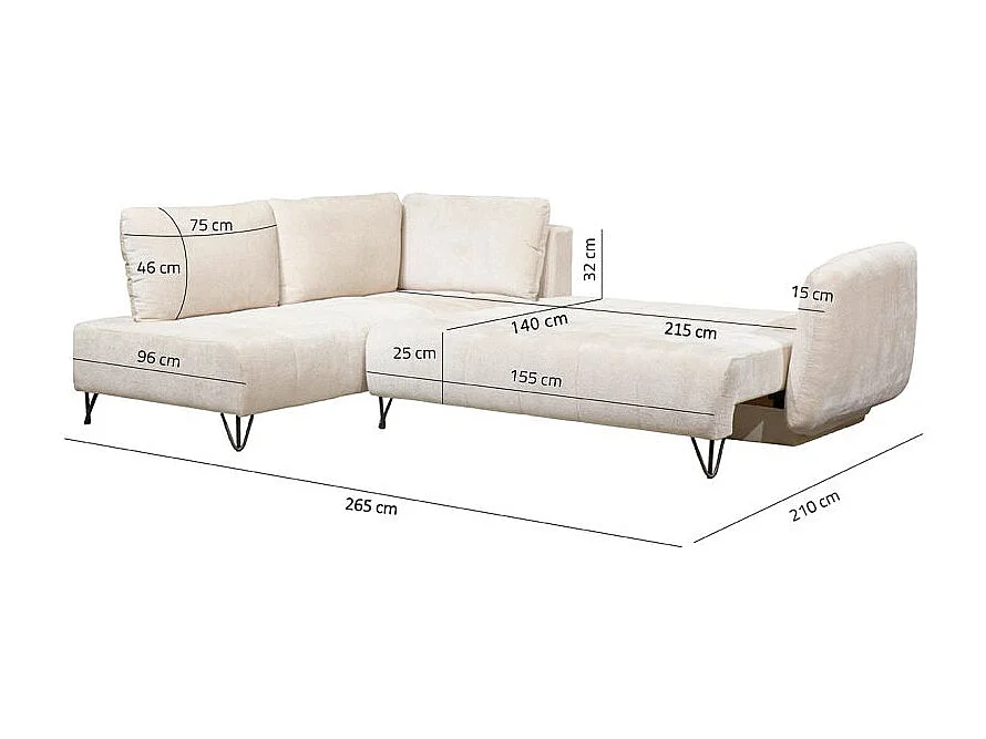 Canapé convertible angle gauche L. 265 cm tissu côtelé écru - SAMUEL