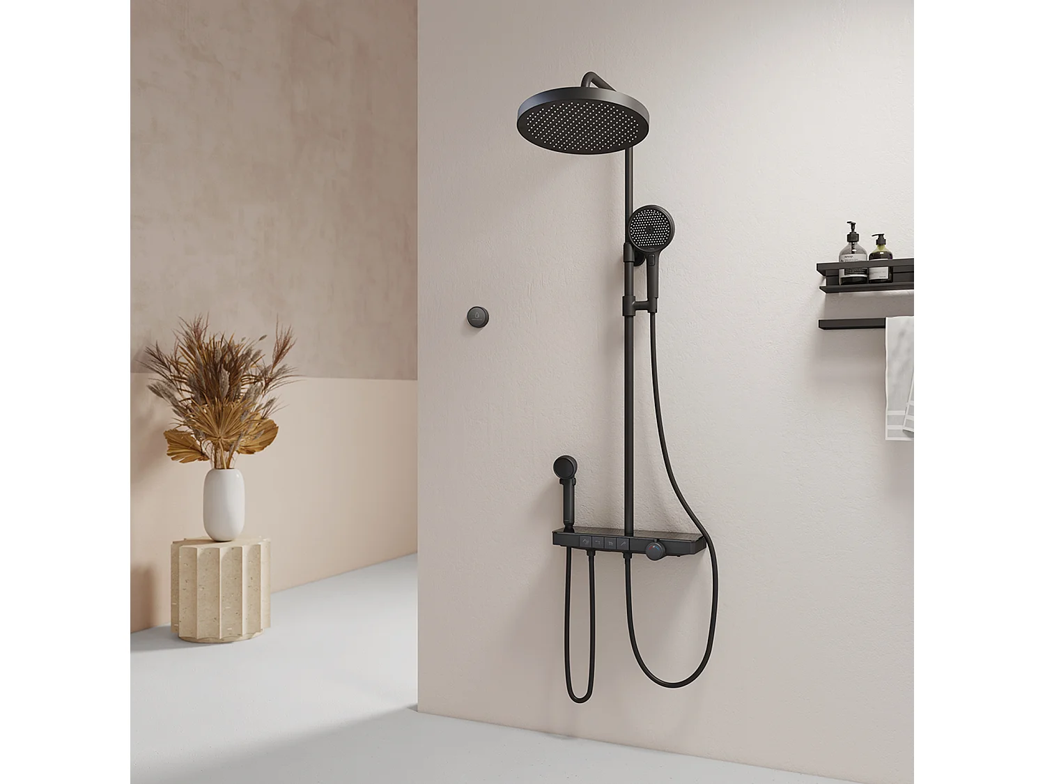 EMKE Colonna doccia con termostato 38℃ Doccia a pioggia 40 cm ripiano in vetro con 3+1 doccetta+pannello doccia - nero