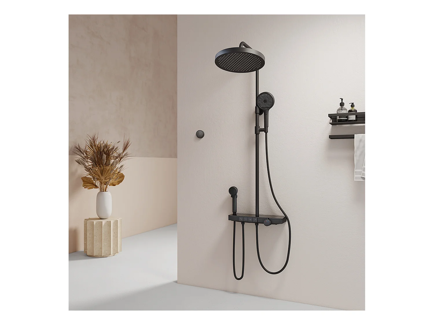 EMKE Colonne de douche avec thermostat 38℃ Douche pluie 40 cm étagère en verre avec 3+1 douchette parent-enfant+porte-douche - schwarz