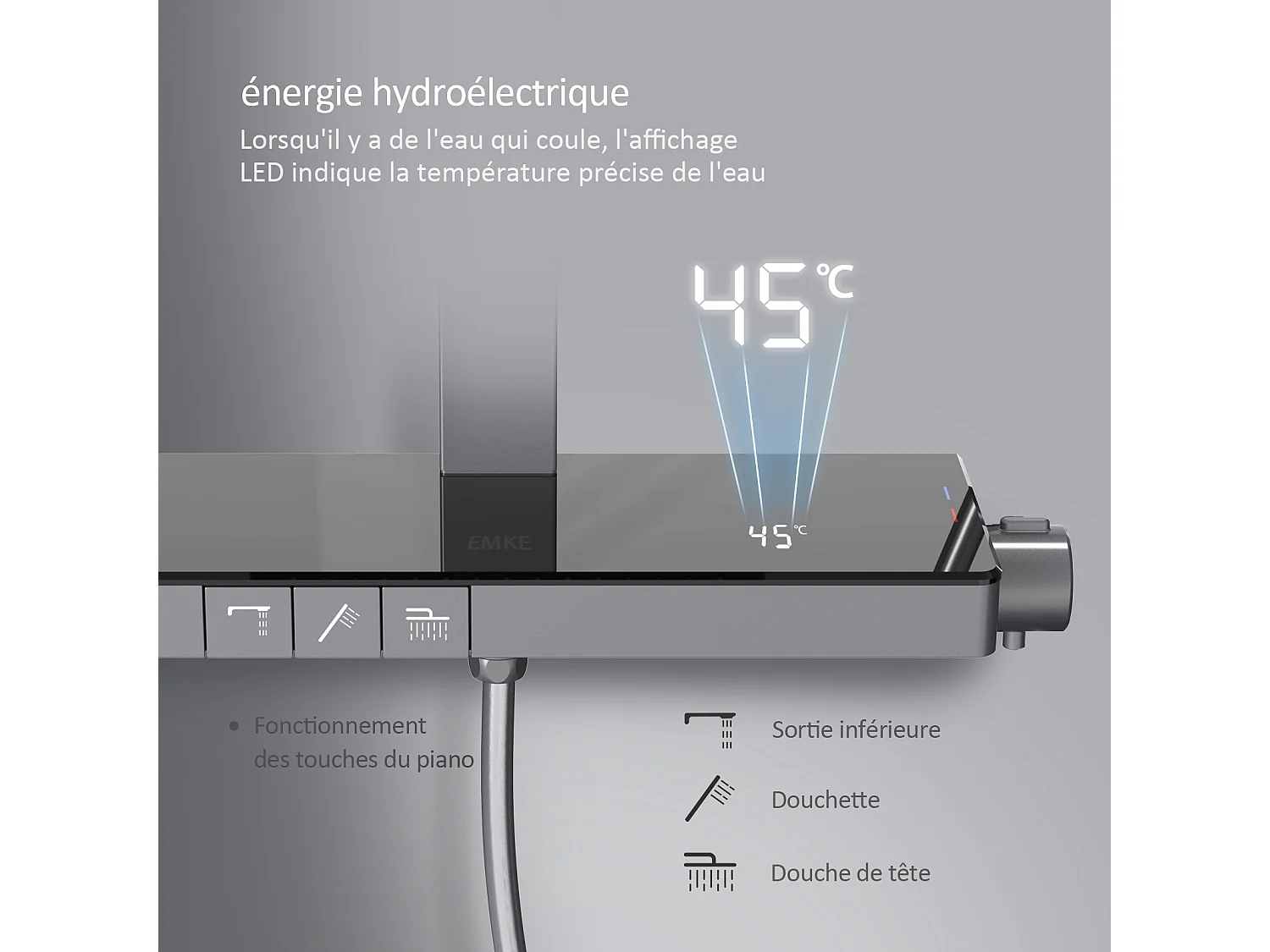 EMKE Colonne de douche Thermostat Ensemble de colonne de douche avec plaque thermostatique de 40 cm, douchette à effet pluie, Gris métal
