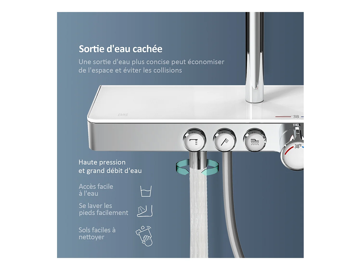EMKE Colonne de douche Thermostat, 45 x 13 cm étagères en verre, 3 types de jets, douche à effet pluie, Certification KTW, Chrome