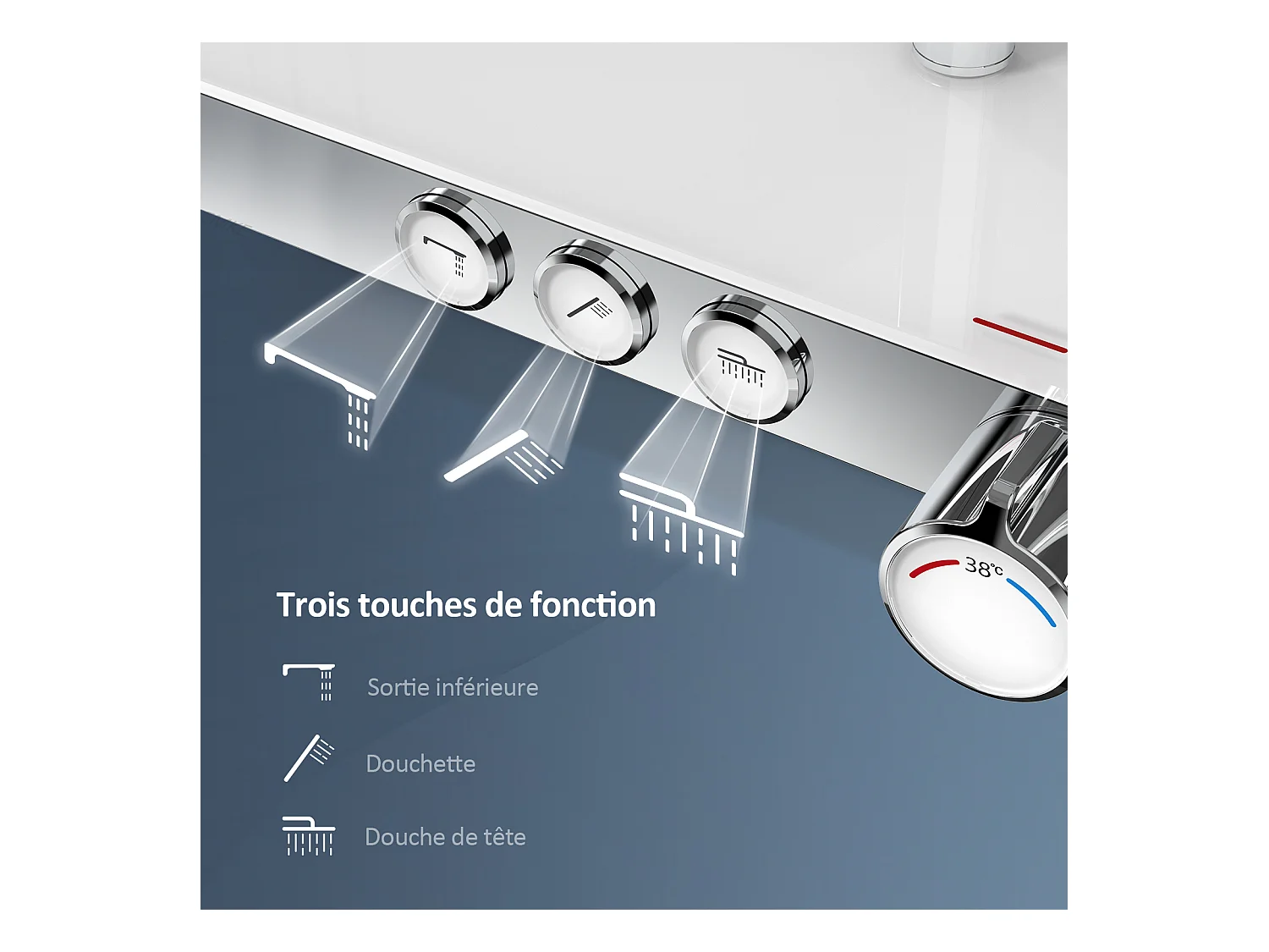 EMKE Colonne de douche Thermostat, 45 x 13 cm étagères en verre, 3 types de jets, douche à effet pluie, Certification KTW, Chrome