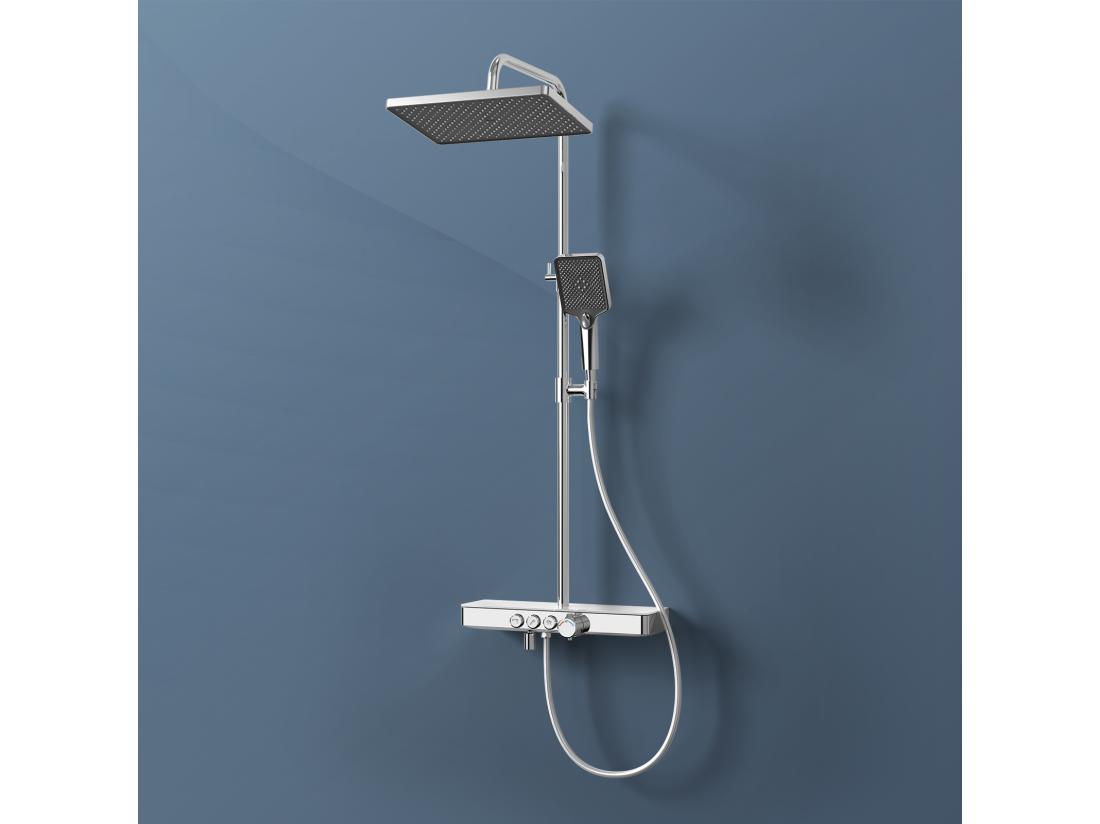 vente unique EMKE Colonne de douche Thermostat 45 x 13 cm étagères en verre 3 types de jets douche à effet pluie Certification KTW Chrome