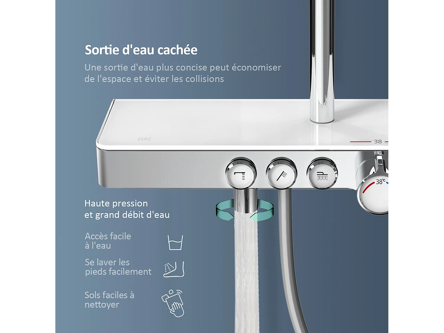 EMKE Colonne de douche Thermostat, 45 x 13 cm étagères en verre, 3 types de jets, douche à effet pluie, Certification KTW, Chrome