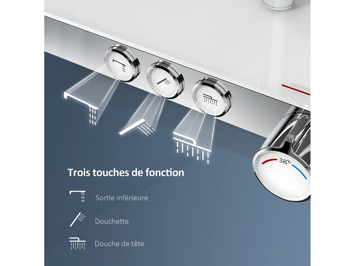 EMKE Colonne de douche Thermostat, 45 x 13 cm étagères en verre, 3 types de jets, douche à effet pluie, Certification KTW, Chrome