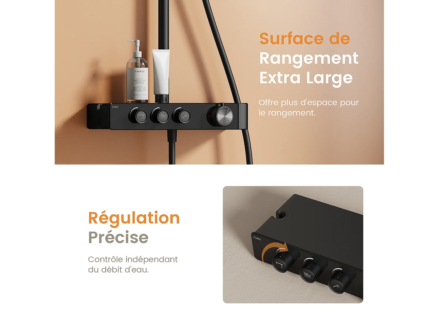 EMKE Colonne de douche Thermostat Noir, Régulation innovante du débit, douche à effet pluie de 26 cm, douchette à main avec 3 jets Système de douche