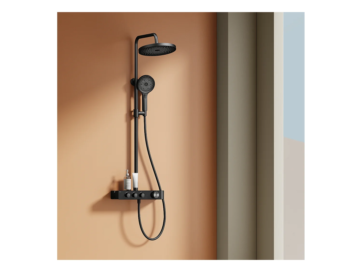 EMKE Colonne de douche Thermostat Noir, Régulation innovante du débit, douche à effet pluie de 26 cm, douchette à main avec 3 jets Système de douche