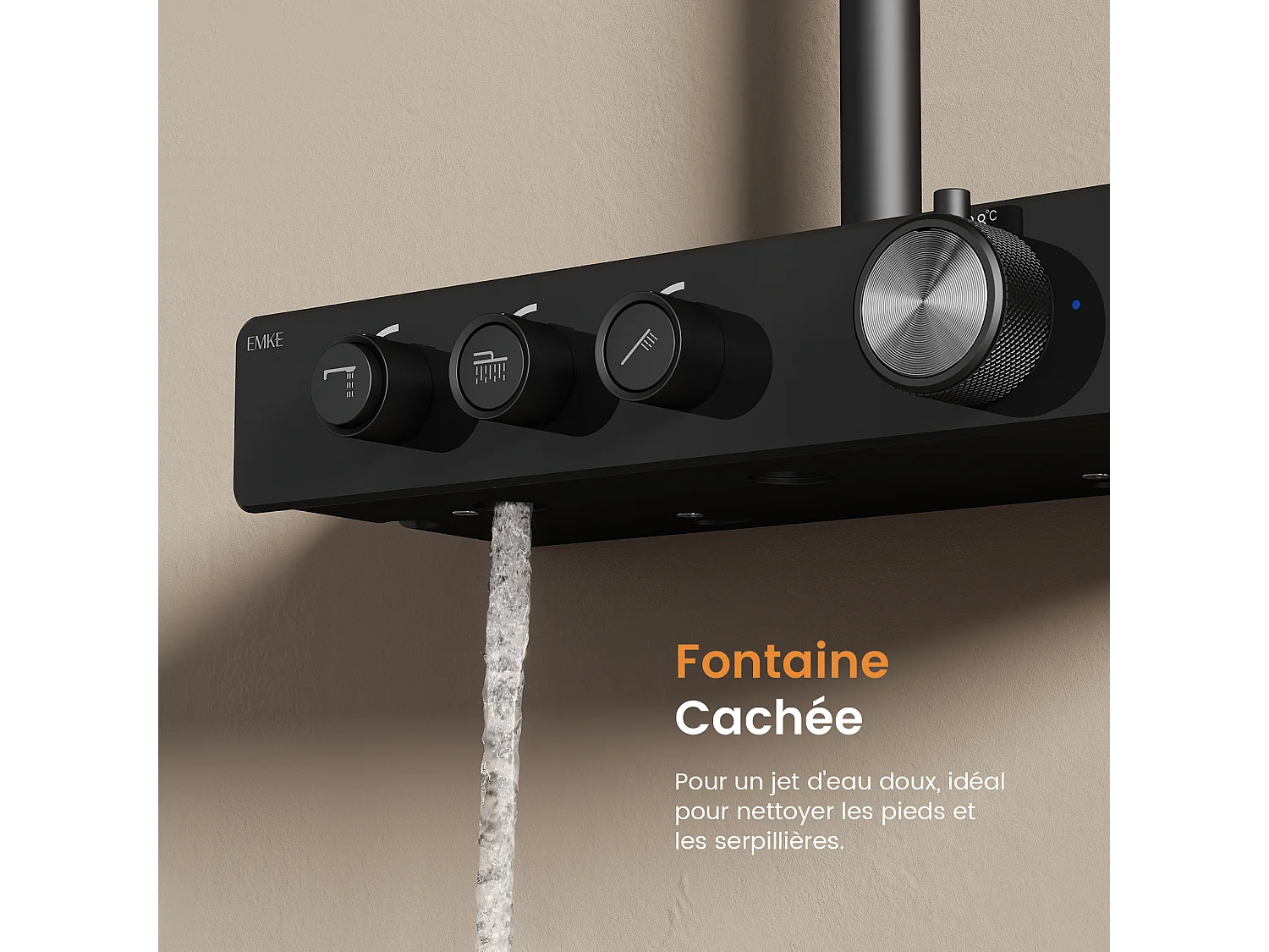 EMKE Thermostatische douchestang Zwart, innovatieve doorstroomregeling, regendouche-effect 26 cm, handdouche met 3 jets