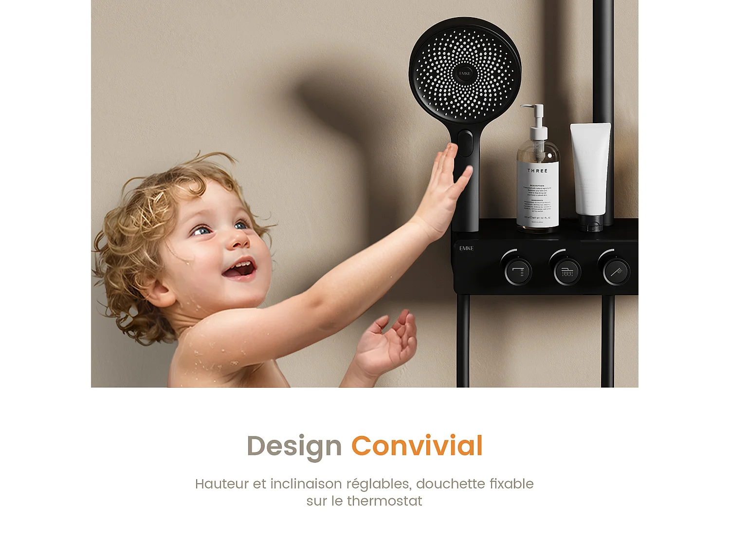 EMKE Thermostatische douchestang Zwart, innovatieve doorstroomregeling, regendouche-effect 26 cm, handdouche met 3 jets