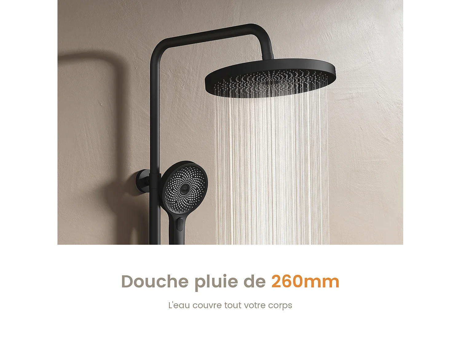 EMKE Thermostatische douchestang Zwart, innovatieve doorstroomregeling, regendouche-effect 26 cm, handdouche met 3 jets