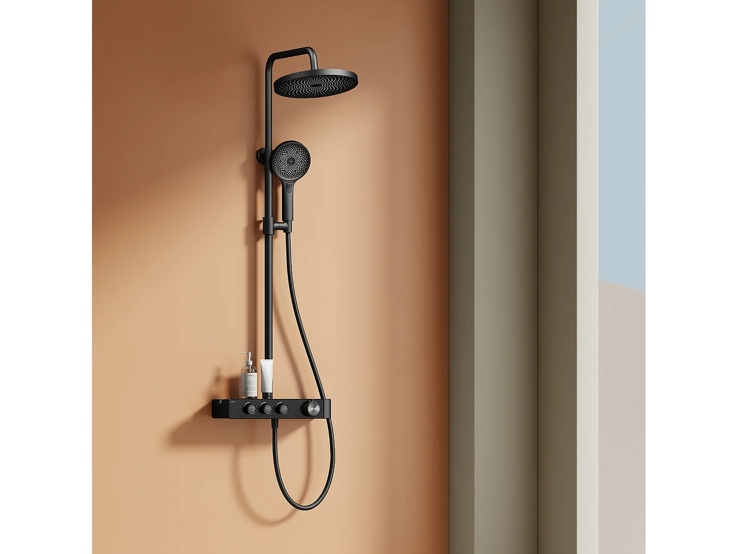EMKE Thermostatische douchestang Zwart, innovatieve doorstroomregeling, regendouche-effect 26 cm, handdouche met 3 jets