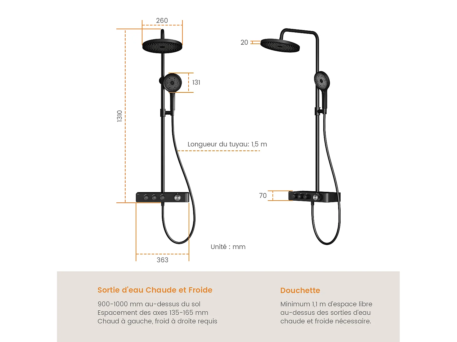 EMKE Thermostatische douchestang Zwart, innovatieve doorstroomregeling, regendouche-effect 26 cm, handdouche met 3 jets