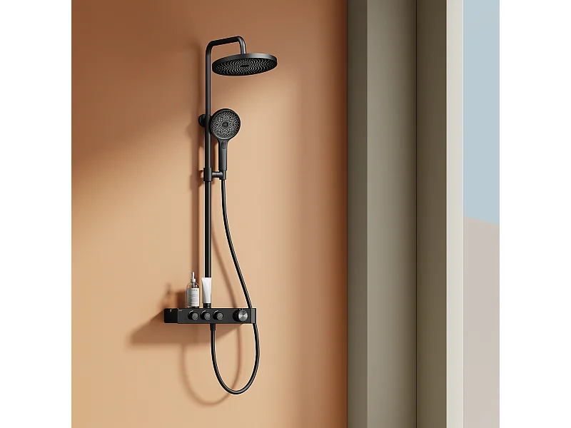 EMKE Colonne de douche Thermostat Noir, Régulation innovante du débit, douche à effet pluie de 26 cm, douchette à main avec 3 jets Système de douche