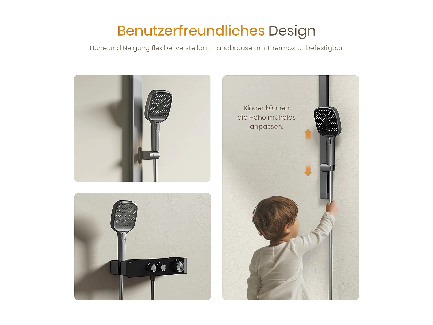 EMKE Thermostat-Duschsäule – Matt Anthrazit, einstellbarer Wasserfluss, separates minimalistisches Design, 3-funktionale Handbrause, Duschset