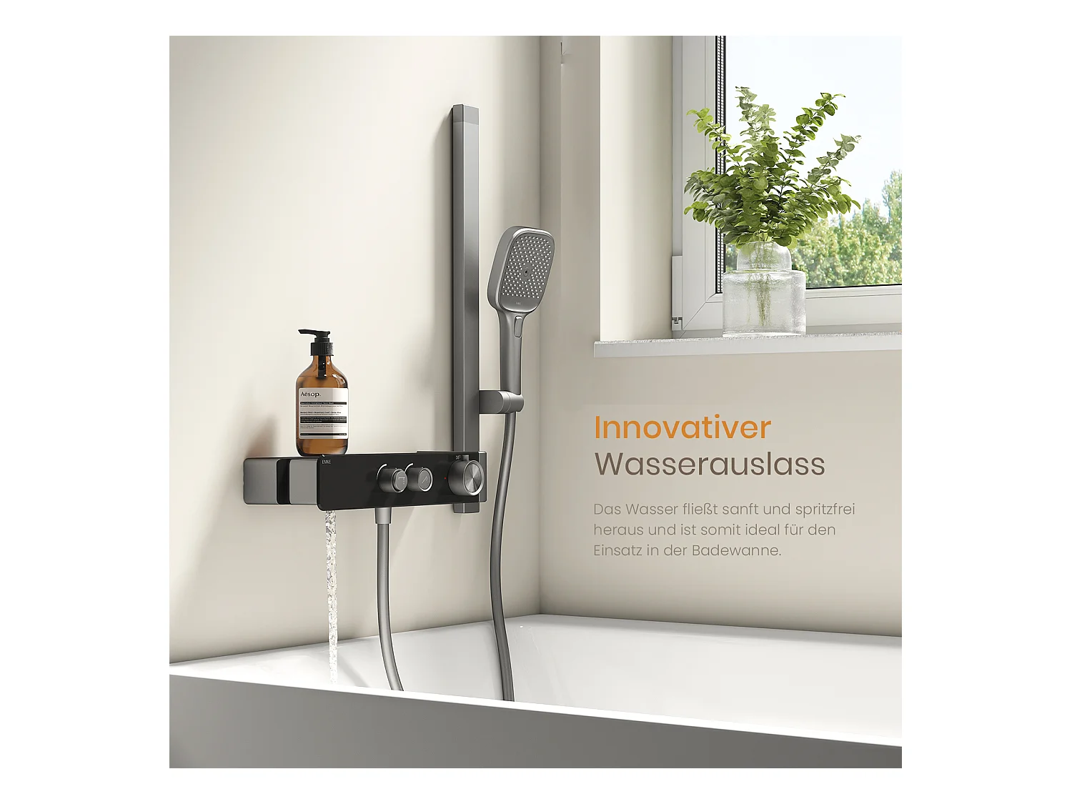 EMKE Thermostat-Duschsäule – Matt Anthrazit, einstellbarer Wasserfluss, separates minimalistisches Design, 3-funktionale Handbrause, Duschset