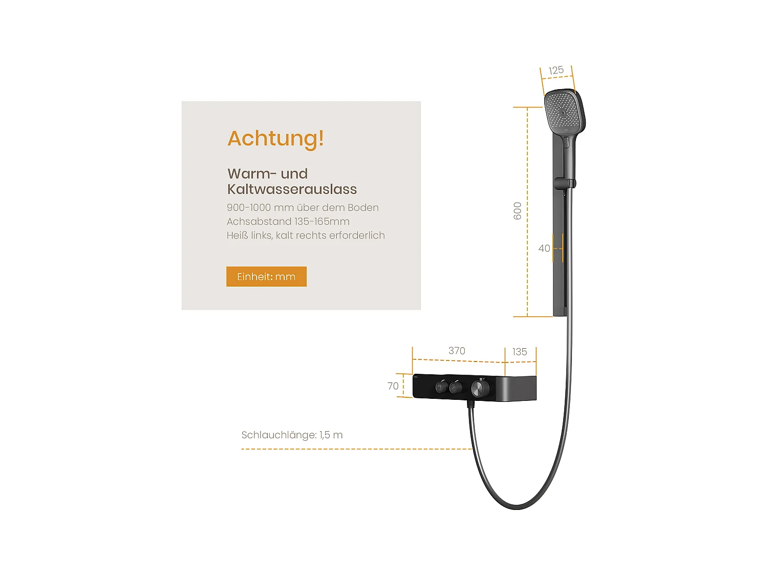 EMKE Thermostat-Duschsäule – Matt Anthrazit, einstellbarer Wasserfluss, separates minimalistisches Design, 3-funktionale Handbrause, Duschset