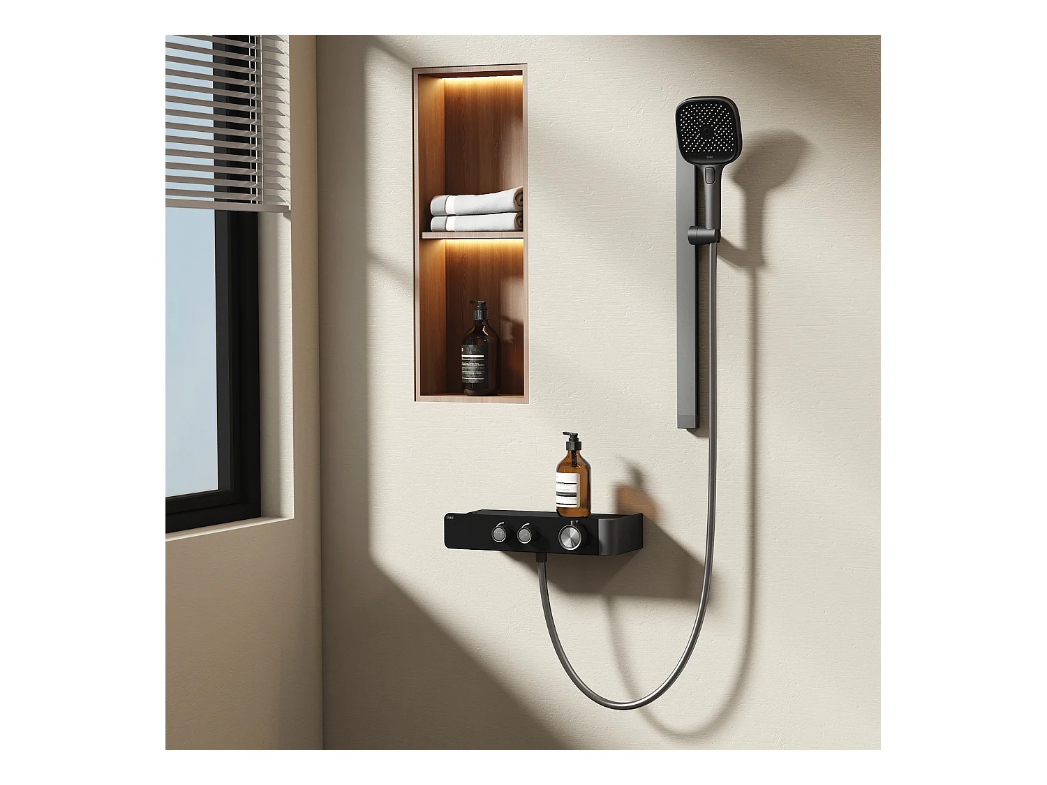 EMKE Thermostatische douchestang – Mat antraciet, verstelbare waterstroom, gescheiden minimalistisch ontwerp, handdouche met 3 functies, doucheset