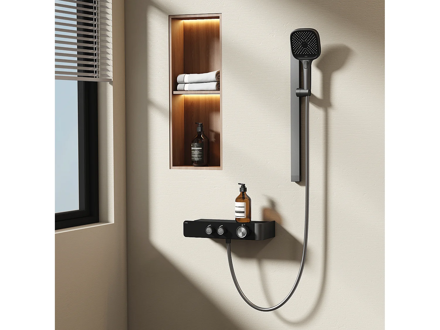 EMKE Thermostat-Duschsäule – Matt Anthrazit, einstellbarer Wasserfluss, separates minimalistisches Design, 3-funktionale Handbrause, Duschset
