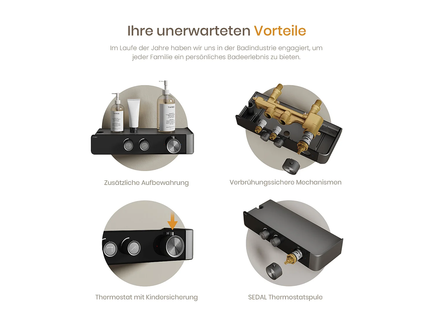 EMKE Thermostat-Duschsäule – Matt Anthrazit, einstellbarer Wasserfluss, separates minimalistisches Design, 3-funktionale Handbrause, Duschset