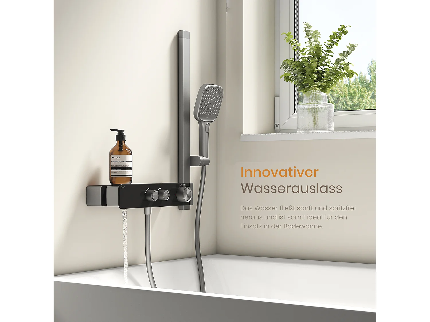EMKE Thermostat-Duschsäule – Matt Anthrazit, einstellbarer Wasserfluss, separates minimalistisches Design, 3-funktionale Handbrause, Duschset