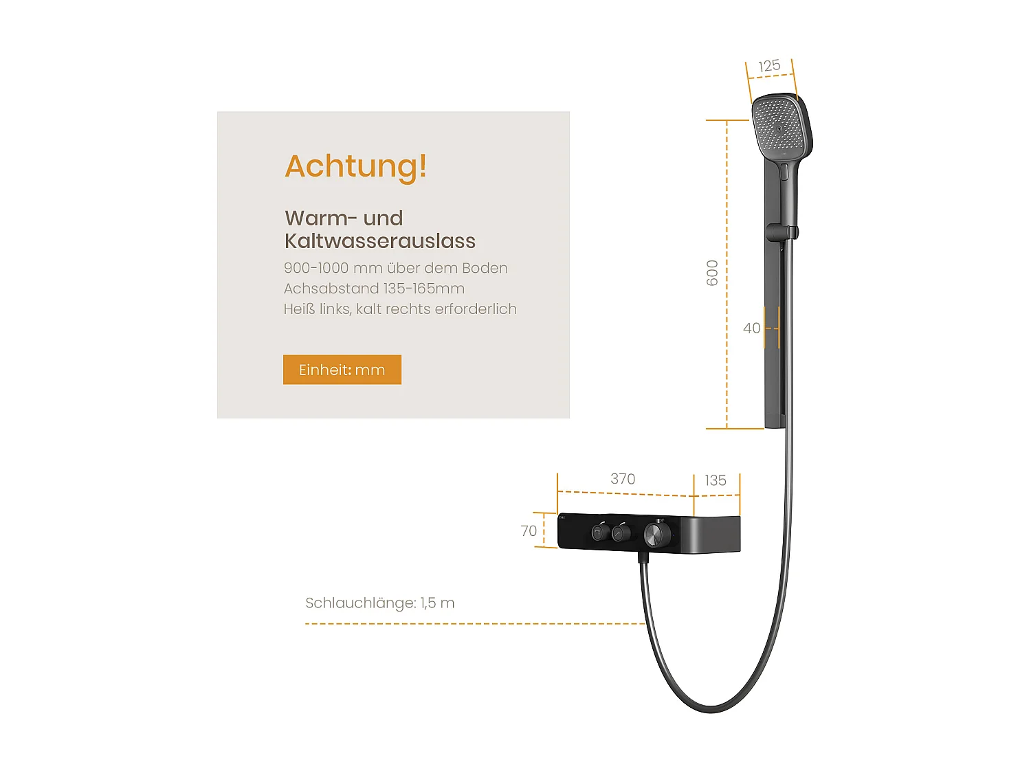 EMKE Thermostat-Duschsäule – Matt Anthrazit, einstellbarer Wasserfluss, separates minimalistisches Design, 3-funktionale Handbrause, Duschset