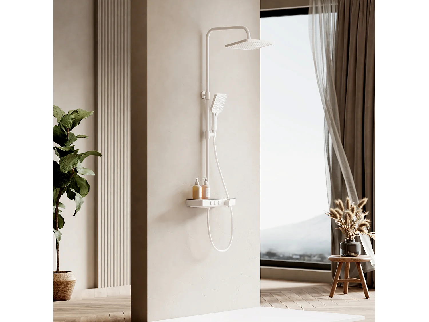 EMKE Colonna doccia Thermostat, ripiani in vetro 36 x 14 cm, 3 tipi di getti, doccia a pioggia, certificazione KTW, bianco