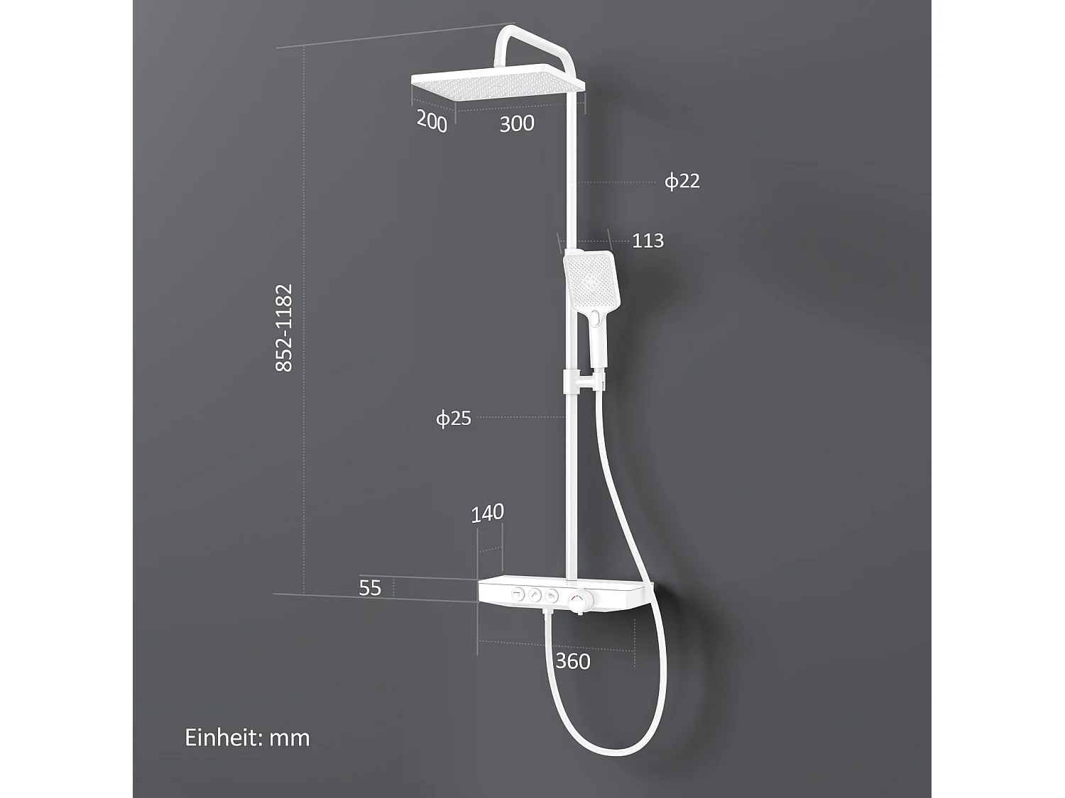 EMKE Colonna doccia Thermostat, ripiani in vetro 36 x 14 cm, 3 tipi di getti, doccia a pioggia, certificazione KTW, bianco
