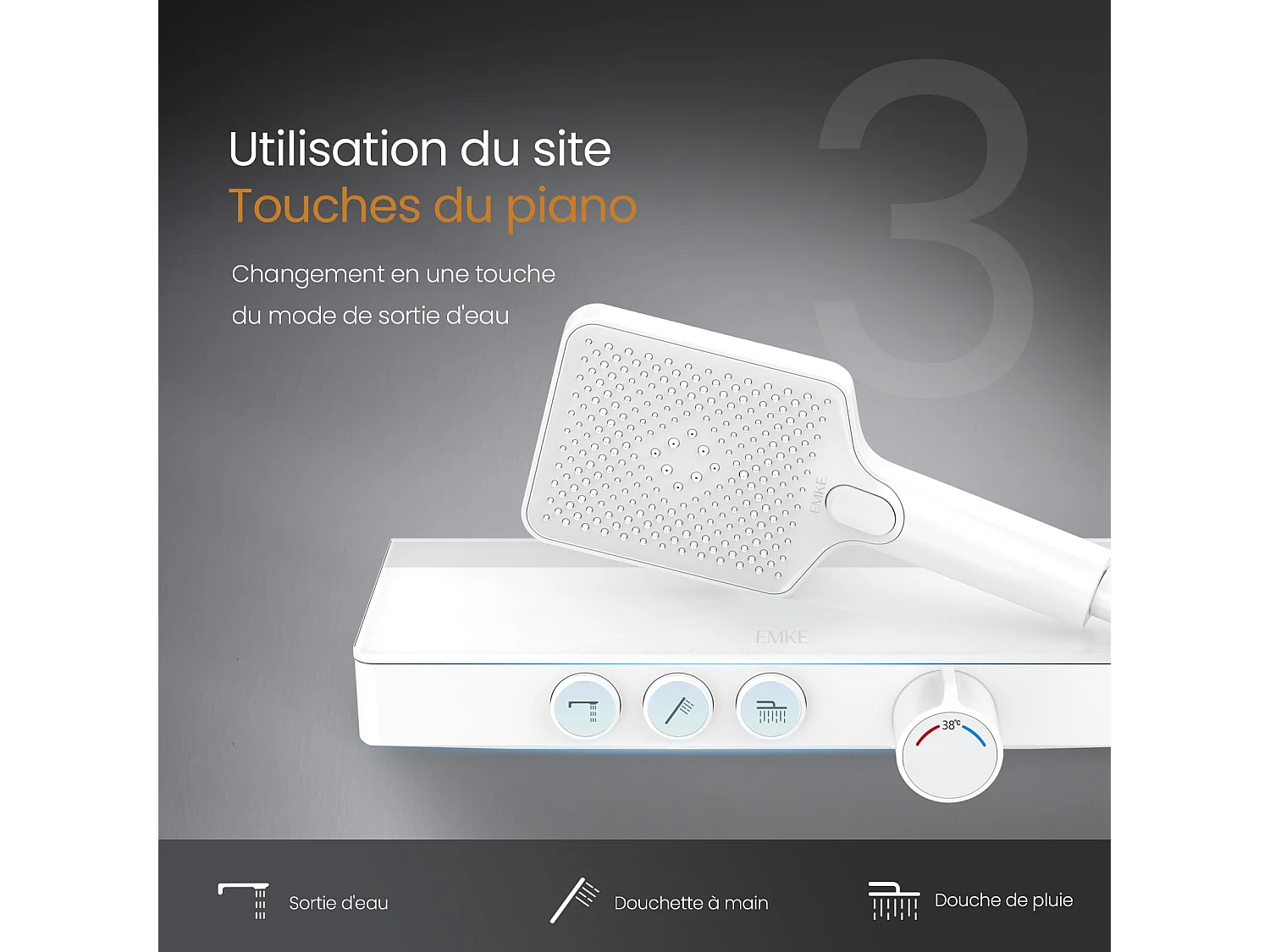 EMKE Colonna doccia Thermostat, ripiani in vetro 36 x 14 cm, 3 tipi di getti, doccia a pioggia, certificazione KTW, bianco