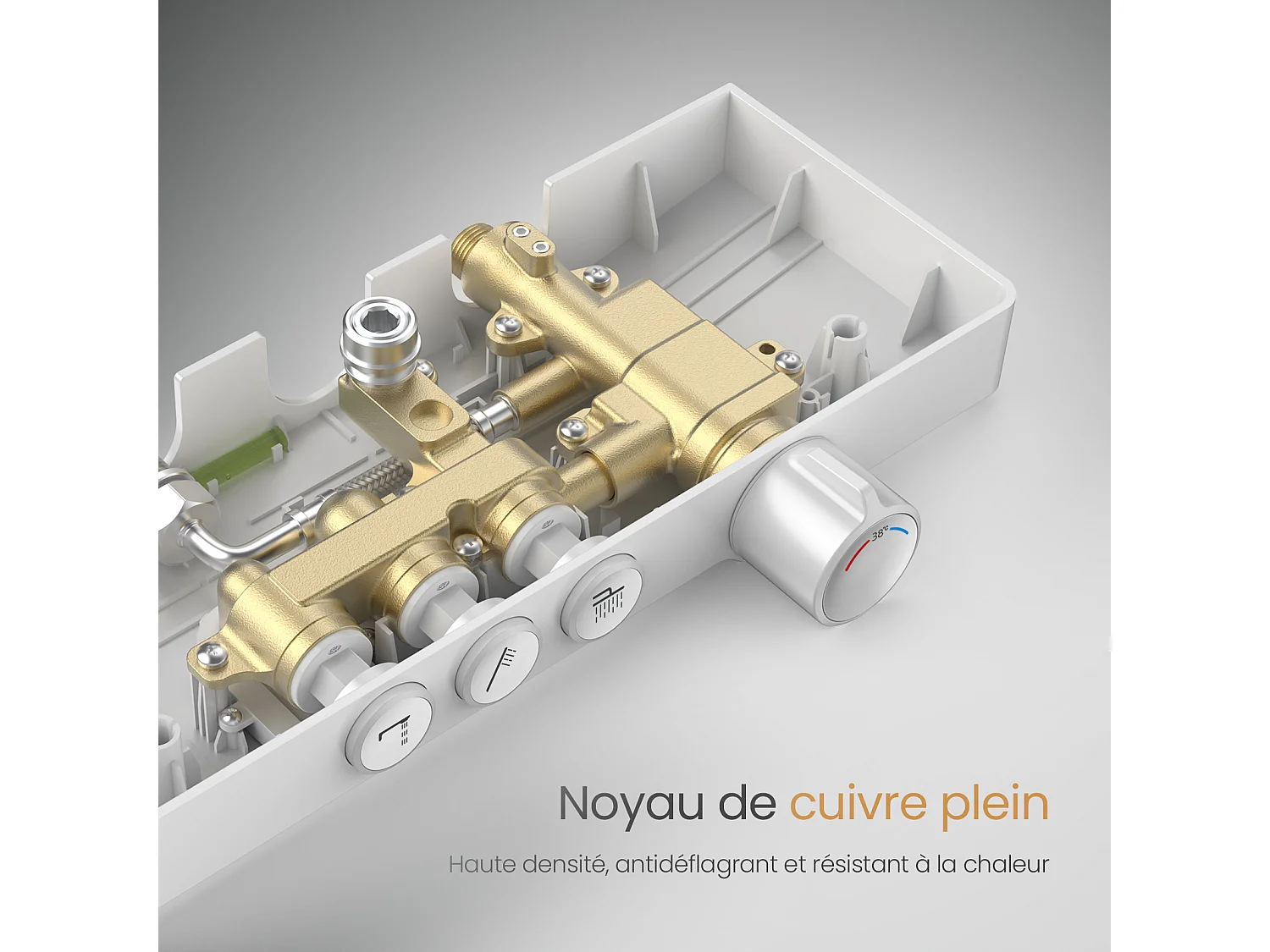 EMKE Colonna doccia Thermostat, ripiani in vetro 36 x 14 cm, 3 tipi di getti, doccia a pioggia, certificazione KTW, bianco