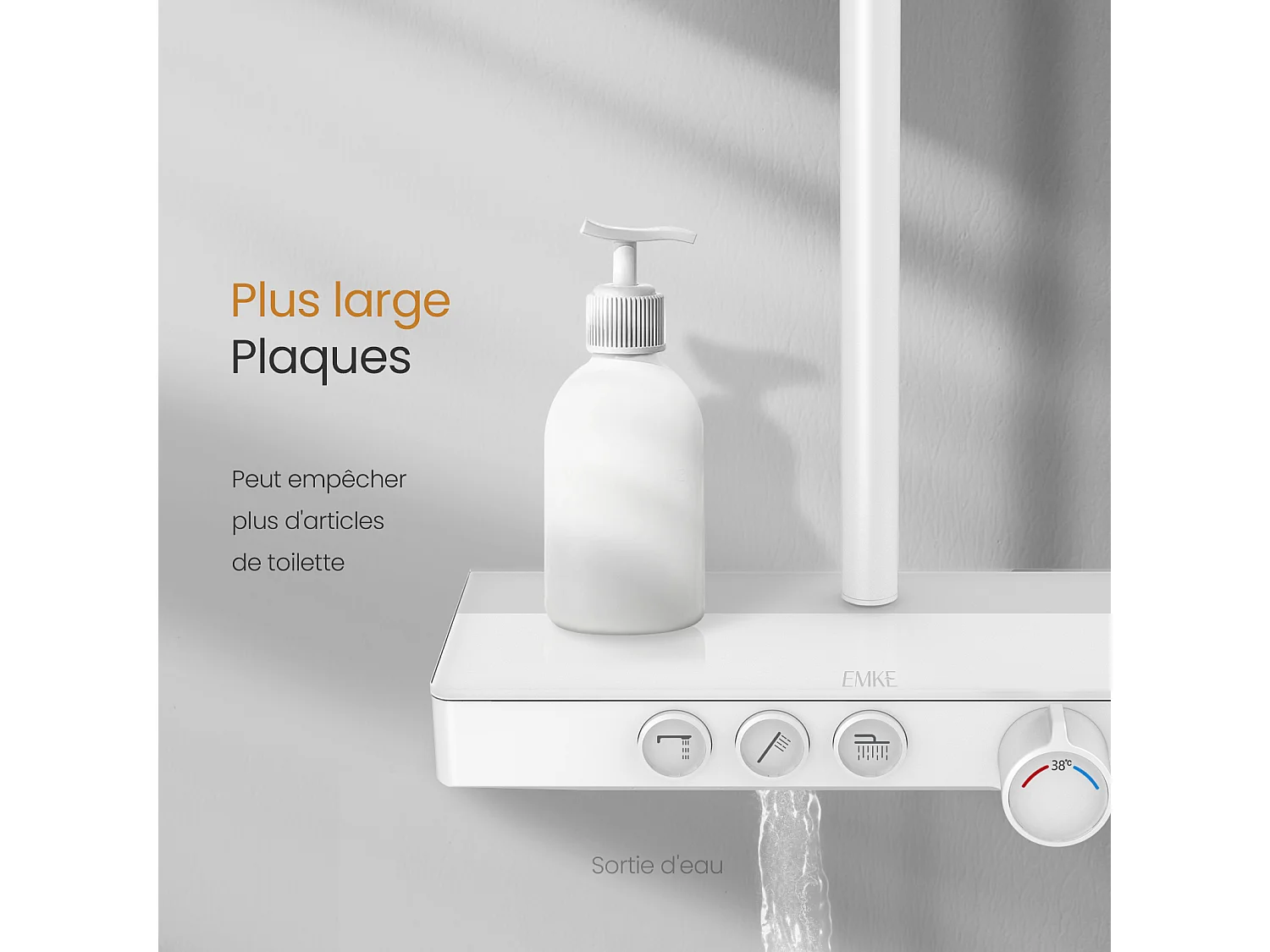 EMKE Colonna doccia Thermostat, ripiani in vetro 36 x 14 cm, 3 tipi di getti, doccia a pioggia, certificazione KTW, bianco