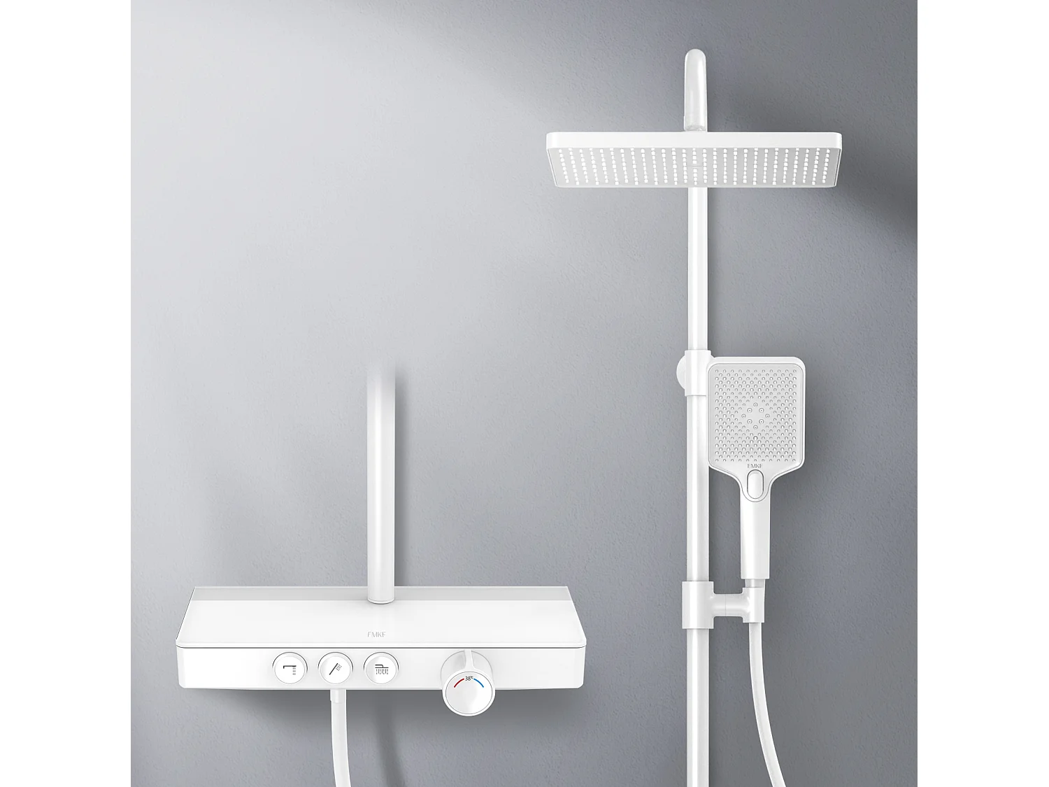 EMKE Thermostaatdouchekolom, 36 x 14 cm glazen planken, 3 straalsoorten, regen douche, KTW-certificering, Wit