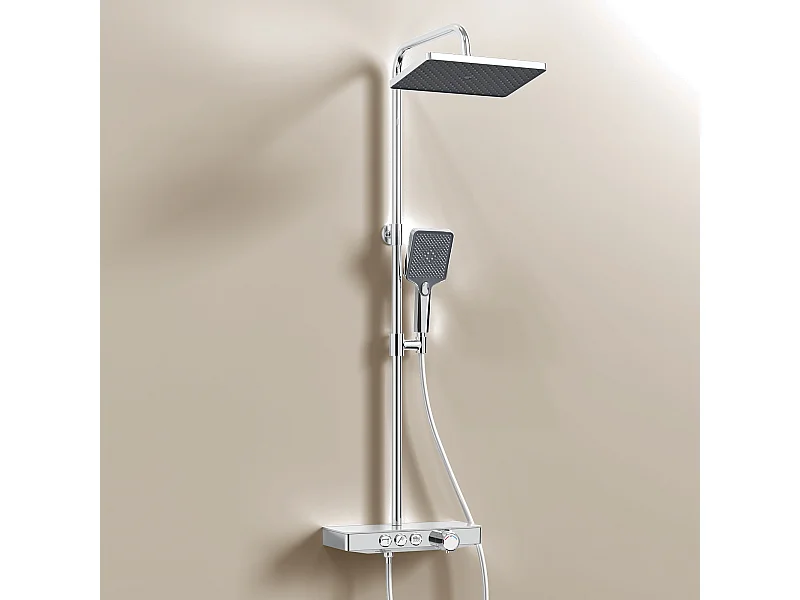 EMKE Thermostat-Duschsäule, 36 x 14 cm Glasregale, 3 Strahlarten, Regenbrause, KTW-Zertifizierung, Weiß