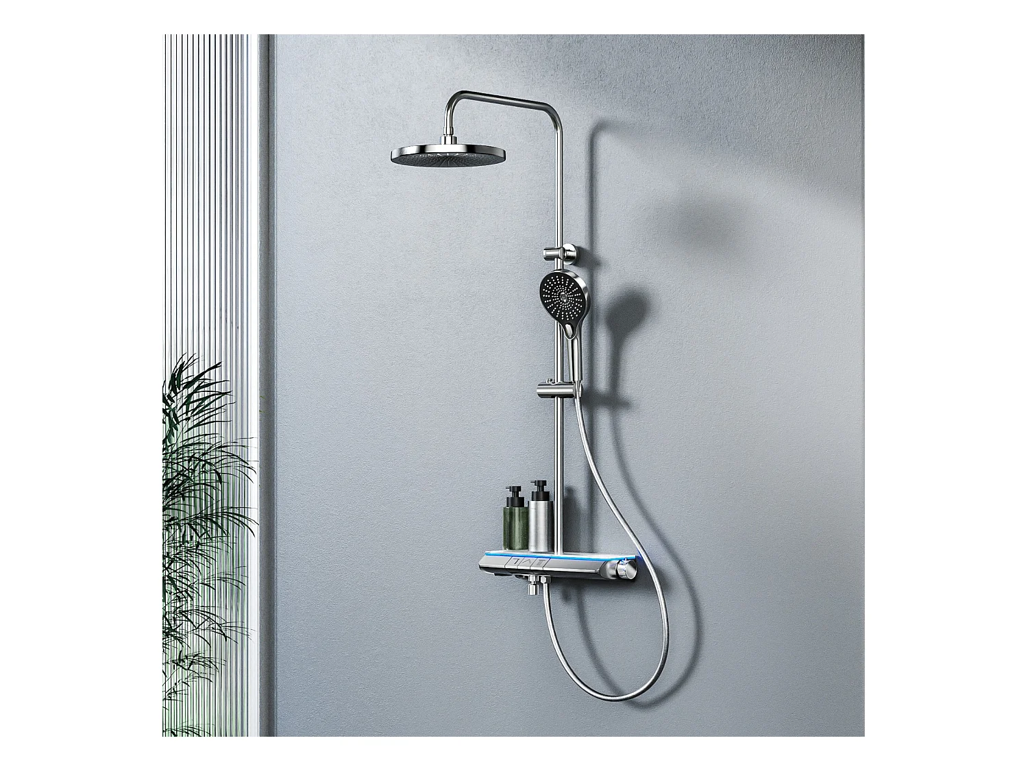 EMKE Duschsystem mit Thermostat, Chrom, LED-Beleuchtung, Regendusch-Effekt mit 3 Strahlarten, mit unterem Auslauf