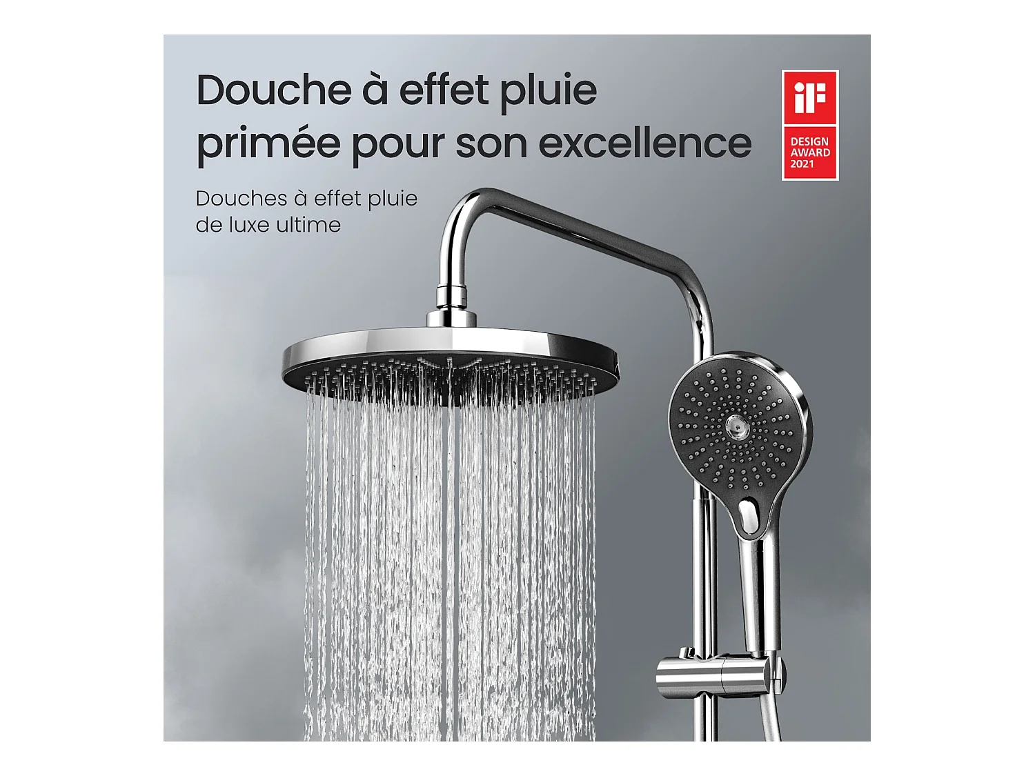 EMKE Duschsystem mit Thermostat, Chrom, LED-Beleuchtung, Regendusch-Effekt mit 3 Strahlarten, mit unterem Auslauf