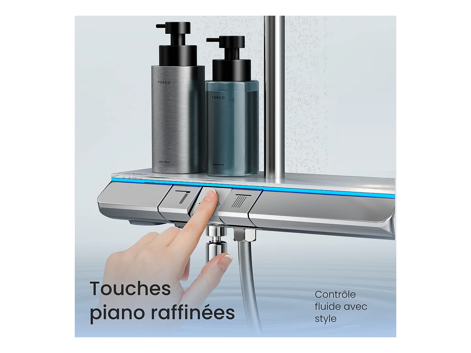EMKE Duschsystem mit Thermostat, Chrom, LED-Beleuchtung, Regendusch-Effekt mit 3 Strahlarten, mit unterem Auslauf