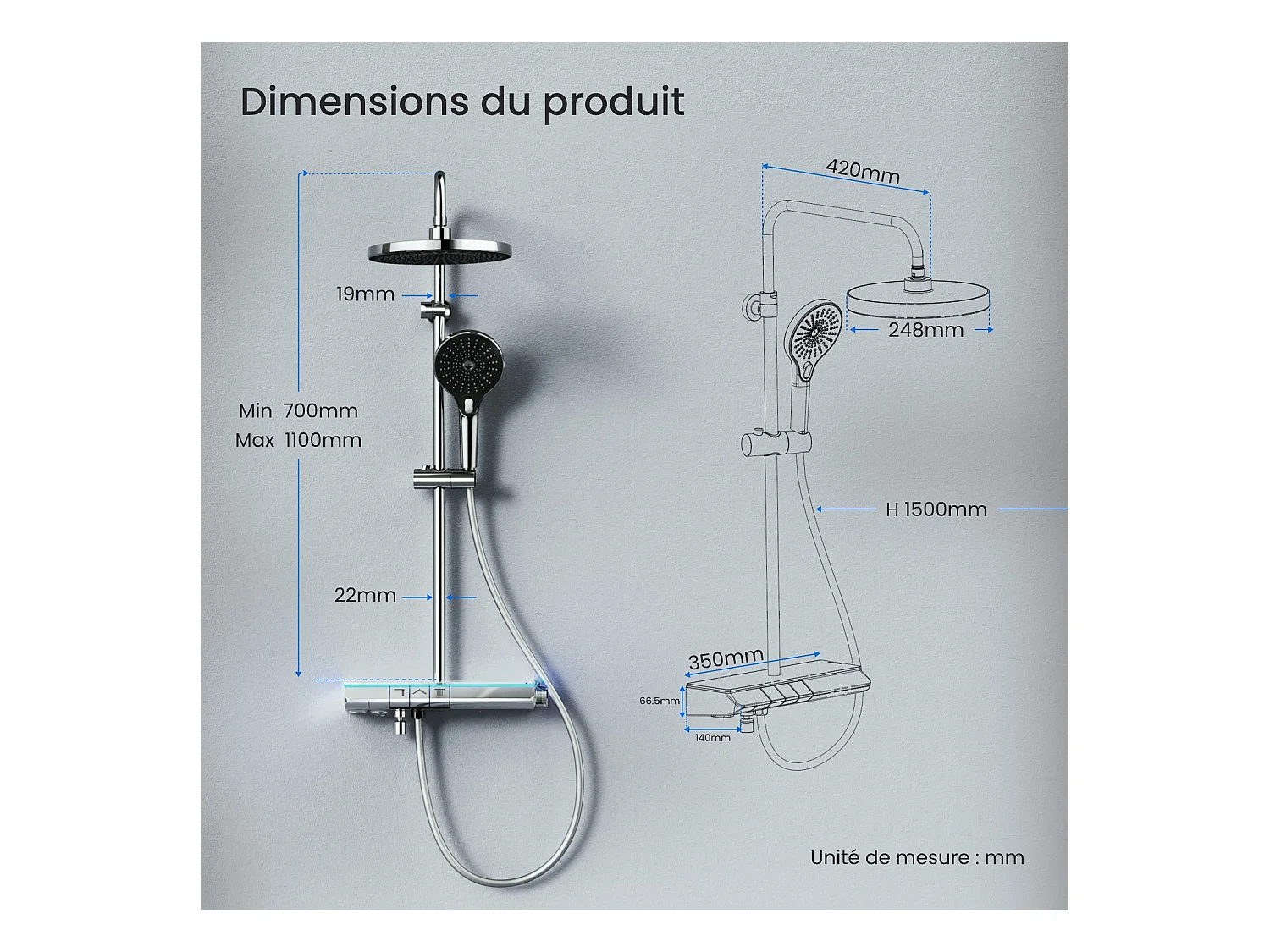 EMKE Duschsystem mit Thermostat, Chrom, LED-Beleuchtung, Regendusch-Effekt mit 3 Strahlarten, mit unterem Auslauf